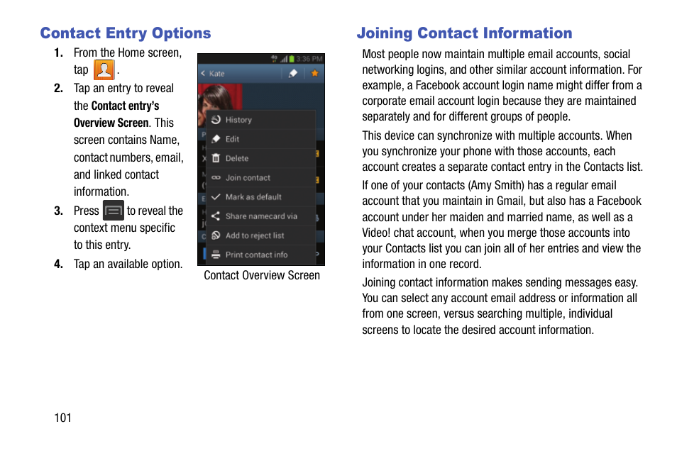 Contact entry options, Joining contact information, Contact entry options joining contact information | Samsung SGH-T599DAATMB User Manual | Page 106 / 340