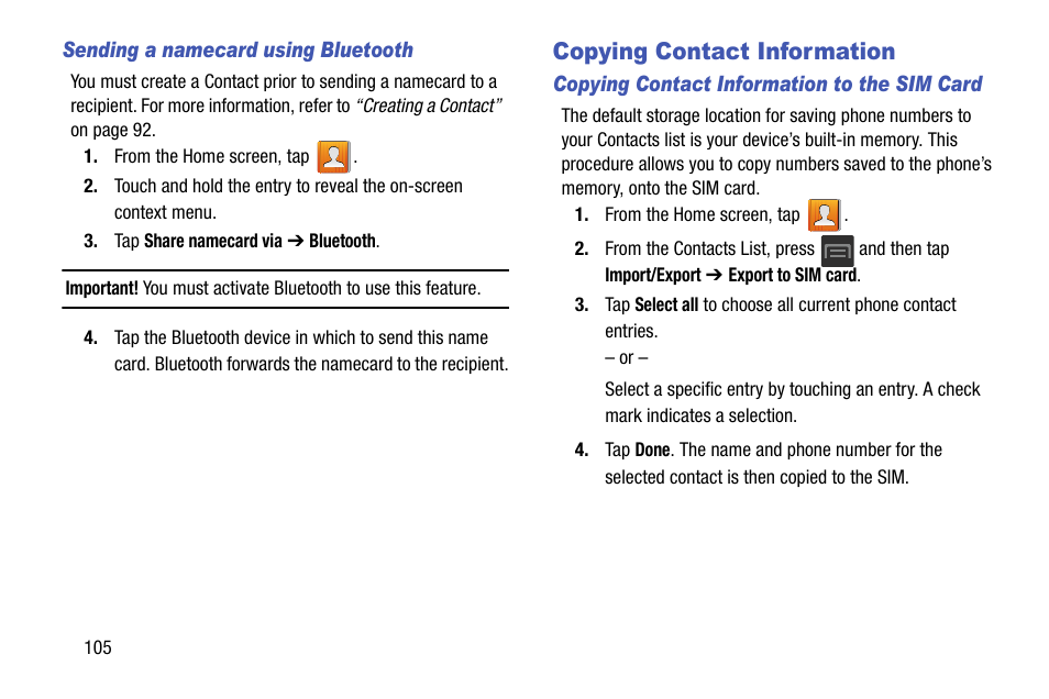 Copying contact information | Samsung SGH-T599DAATMB User Manual | Page 110 / 340