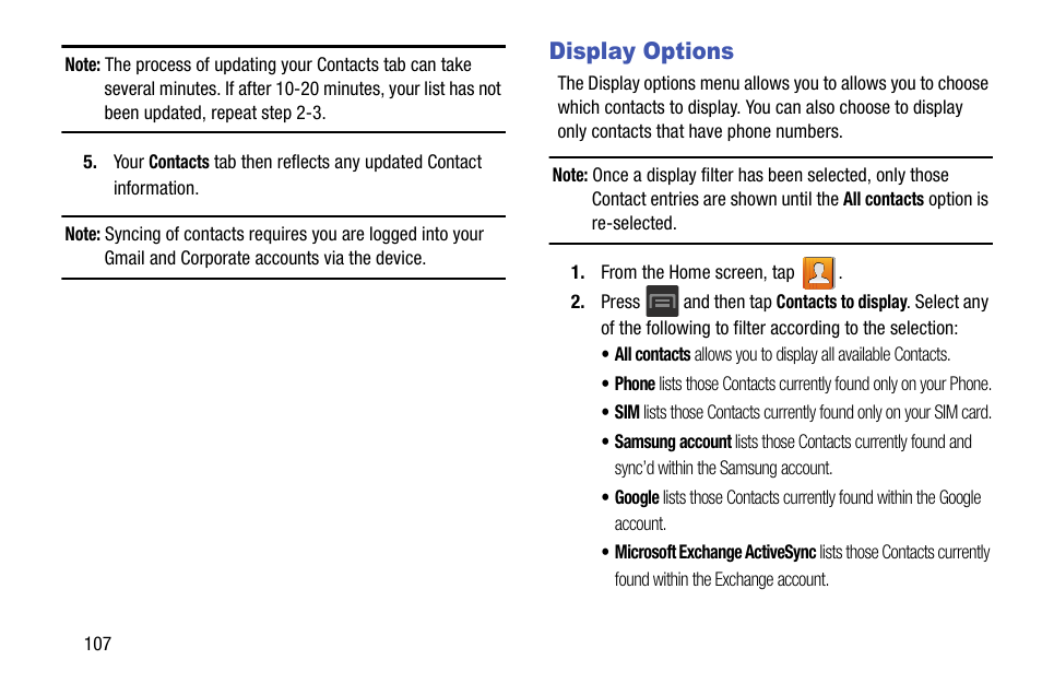 Display options | Samsung SGH-T599DAATMB User Manual | Page 112 / 340