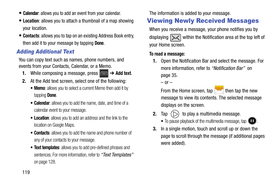 Viewing newly received messages | Samsung SGH-T599DAATMB User Manual | Page 124 / 340