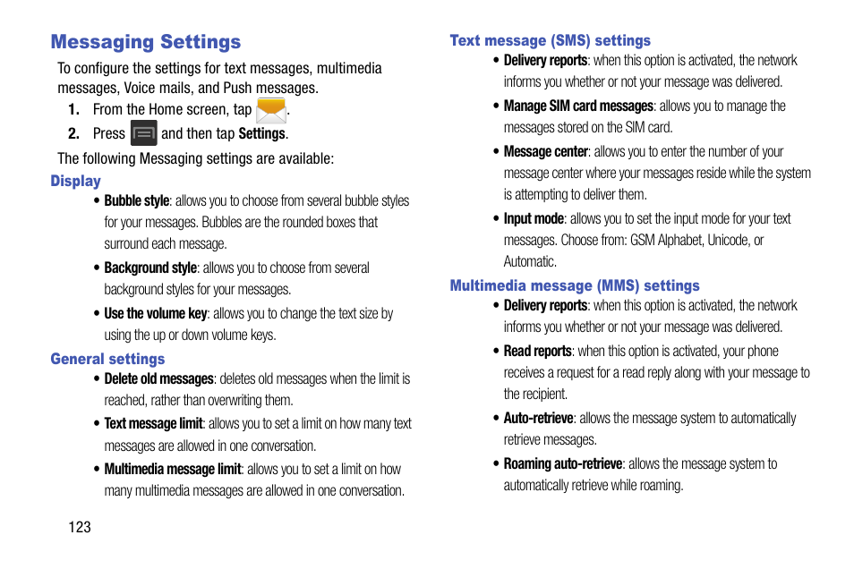 Messaging settings, For more | Samsung SGH-T599DAATMB User Manual | Page 128 / 340