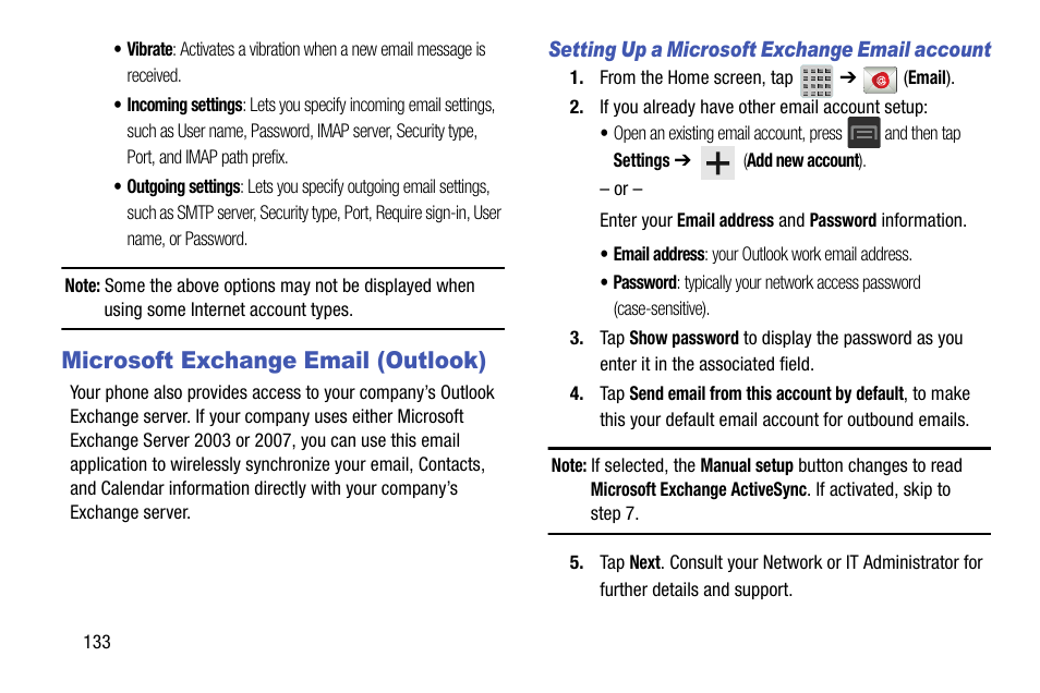 Microsoft exchange email (outlook) | Samsung SGH-T599DAATMB User Manual | Page 138 / 340