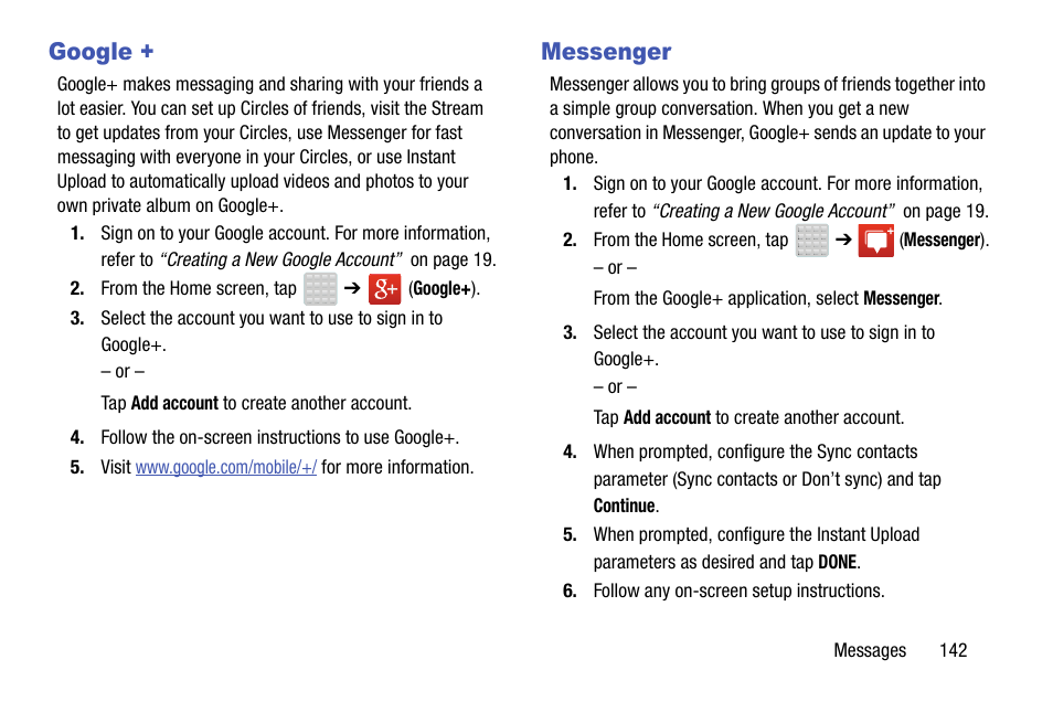 Google, Messenger, Google + messenger | Samsung SGH-T599DAATMB User Manual | Page 147 / 340