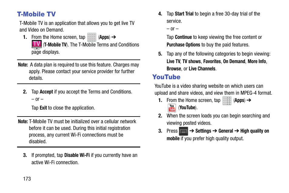 T-mobile tv, Youtube, T-mobile tv youtube | Samsung SGH-T599DAATMB User Manual | Page 178 / 340