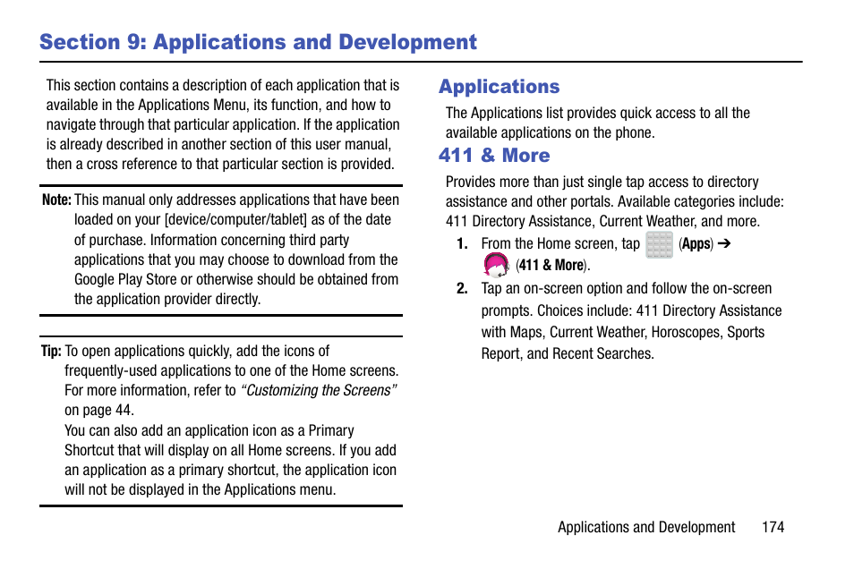 Section 9: applications and development, Applications, 411 & more | Applications 411 & more | Samsung SGH-T599DAATMB User Manual | Page 179 / 340