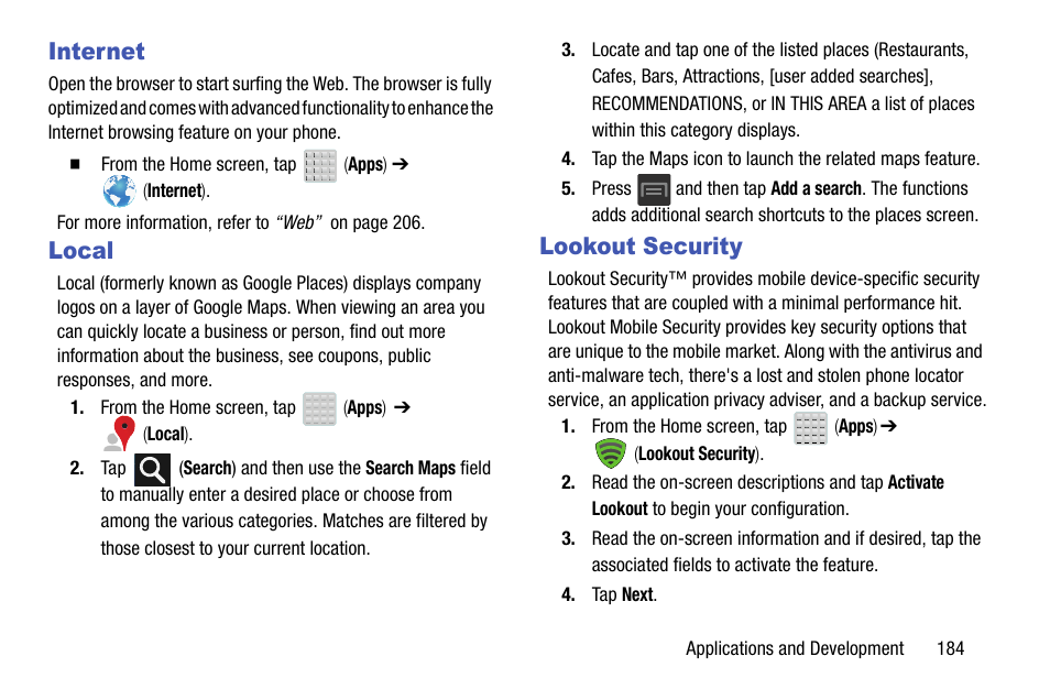 Internet, Local, Lookout security | Internet local lookout security | Samsung SGH-T599DAATMB User Manual | Page 189 / 340