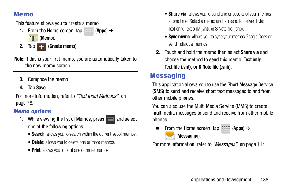 Memo, Messaging, Memo messaging | Samsung SGH-T599DAATMB User Manual | Page 193 / 340