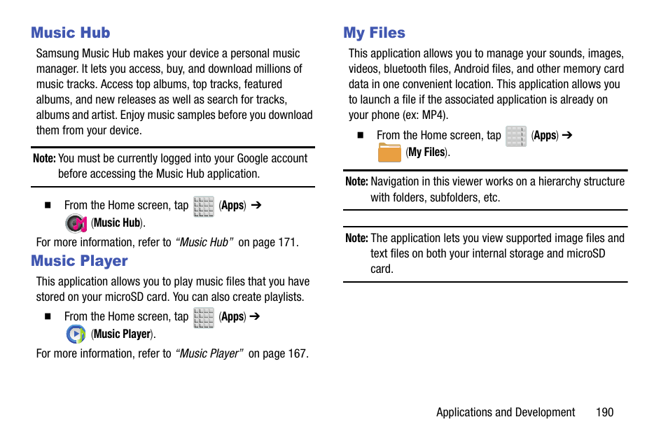 Music hub, Music player, My files | Music hub music player my files | Samsung SGH-T599DAATMB User Manual | Page 195 / 340