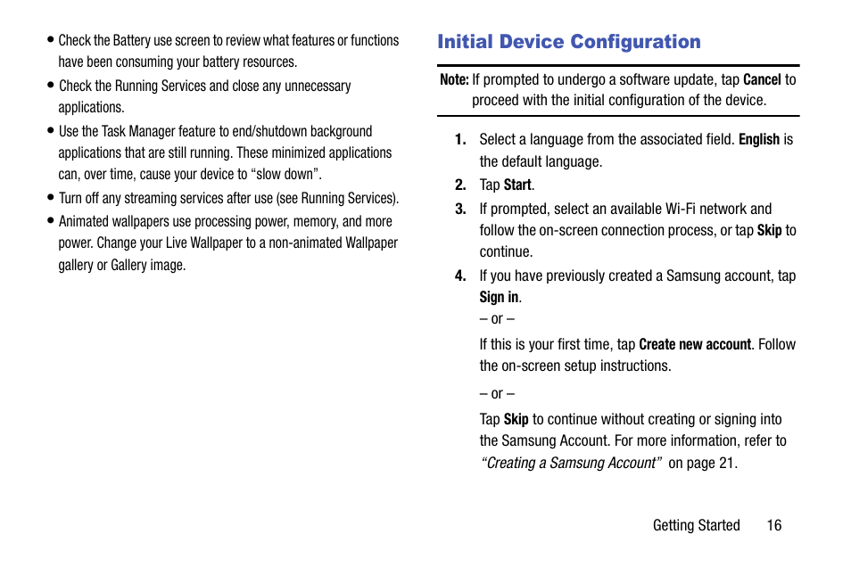 Initial device configuration | Samsung SGH-T599DAATMB User Manual | Page 21 / 340