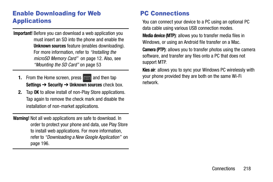 Enable downloading for web applications, Pc connections | Samsung SGH-T599DAATMB User Manual | Page 223 / 340