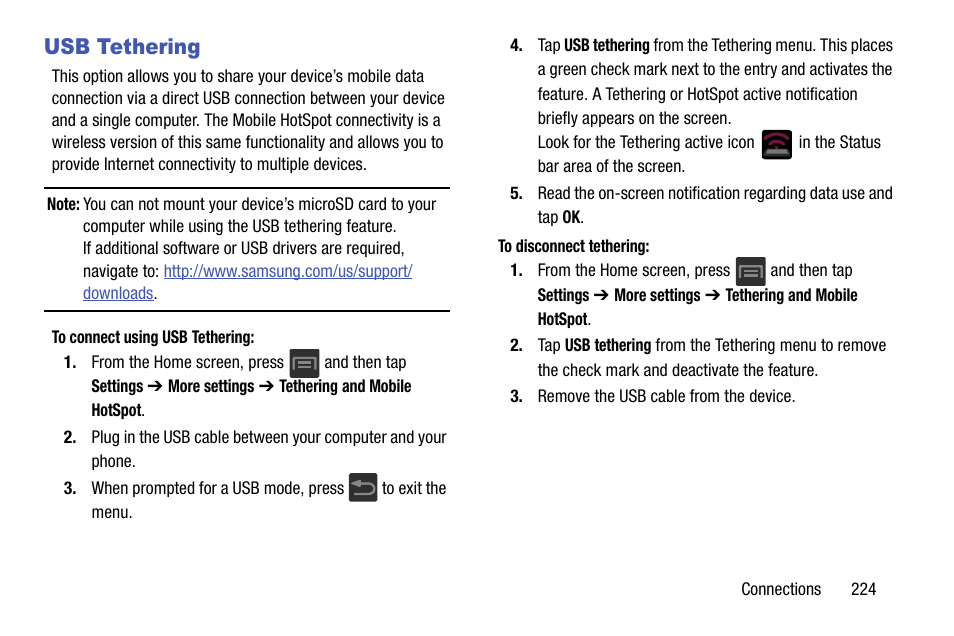 Usb tethering | Samsung SGH-T599DAATMB User Manual | Page 229 / 340