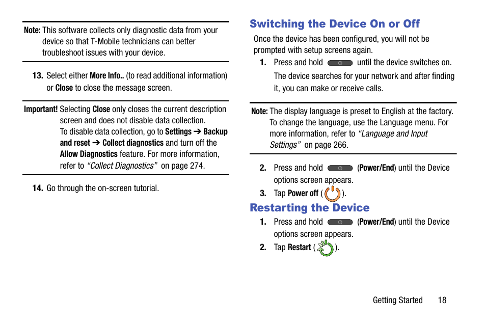 Switching the device on or off, Restarting the device | Samsung SGH-T599DAATMB User Manual | Page 23 / 340