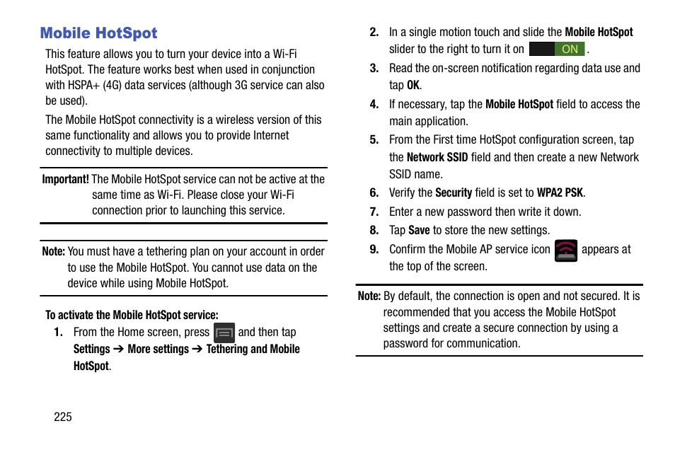 Mobile hotspot | Samsung SGH-T599DAATMB User Manual | Page 230 / 340