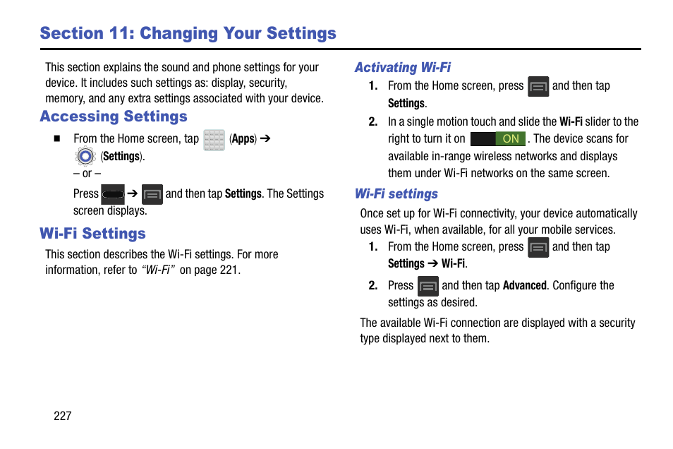 Section 11: changing your settings, Accessing settings, Wi-fi settings | Accessing settings wi-fi settings | Samsung SGH-T599DAATMB User Manual | Page 232 / 340