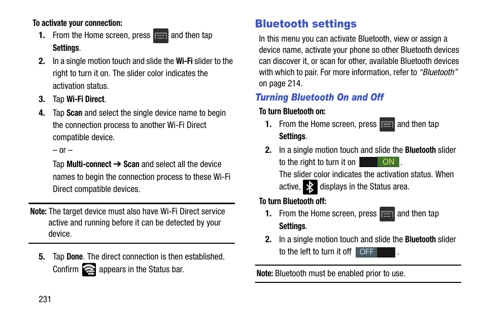 Bluetooth settings | Samsung SGH-T599DAATMB User Manual | Page 236 / 340