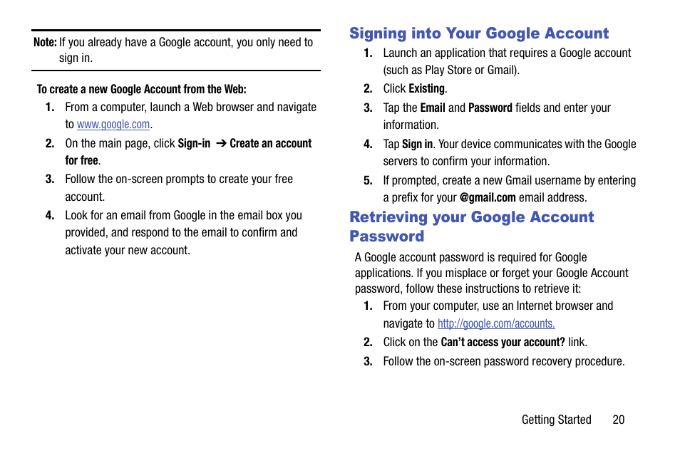 Signing into your google account, Retrieving your google account password | Samsung SGH-T599DAATMB User Manual | Page 25 / 340