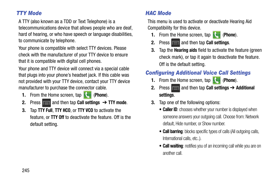 For more information, refer to “configuring, S. for more, For more information, refer to “hac mode” on | Samsung SGH-T599DAATMB User Manual | Page 250 / 340