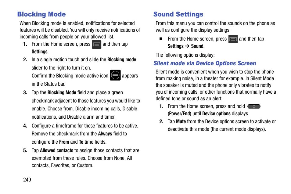 Blocking mode, Sound settings, Blocking mode sound settings | Samsung SGH-T599DAATMB User Manual | Page 254 / 340