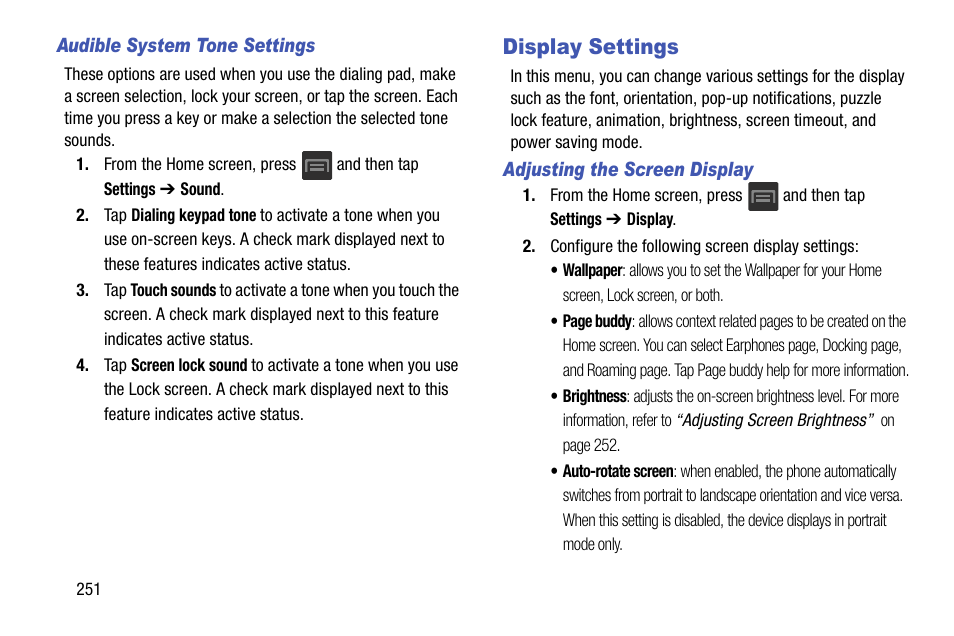 Display settings | Samsung SGH-T599DAATMB User Manual | Page 256 / 340