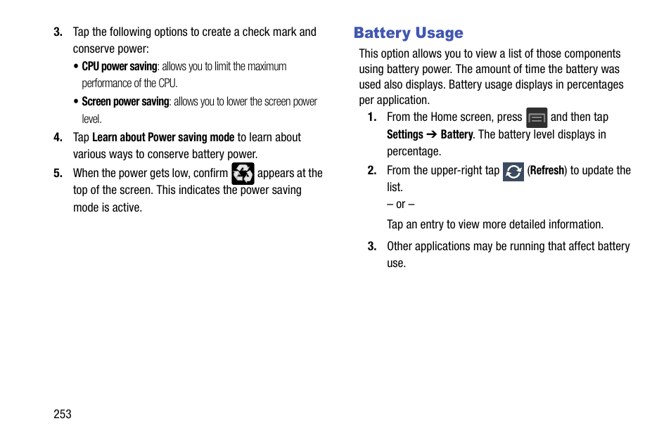 Battery usage | Samsung SGH-T599DAATMB User Manual | Page 258 / 340