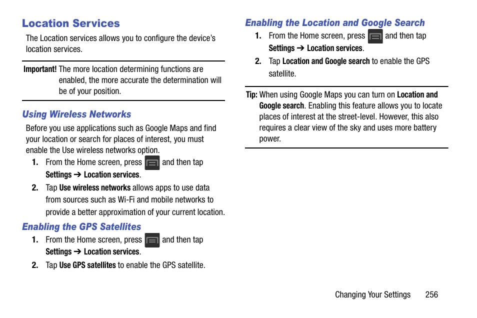 Location services | Samsung SGH-T599DAATMB User Manual | Page 261 / 340