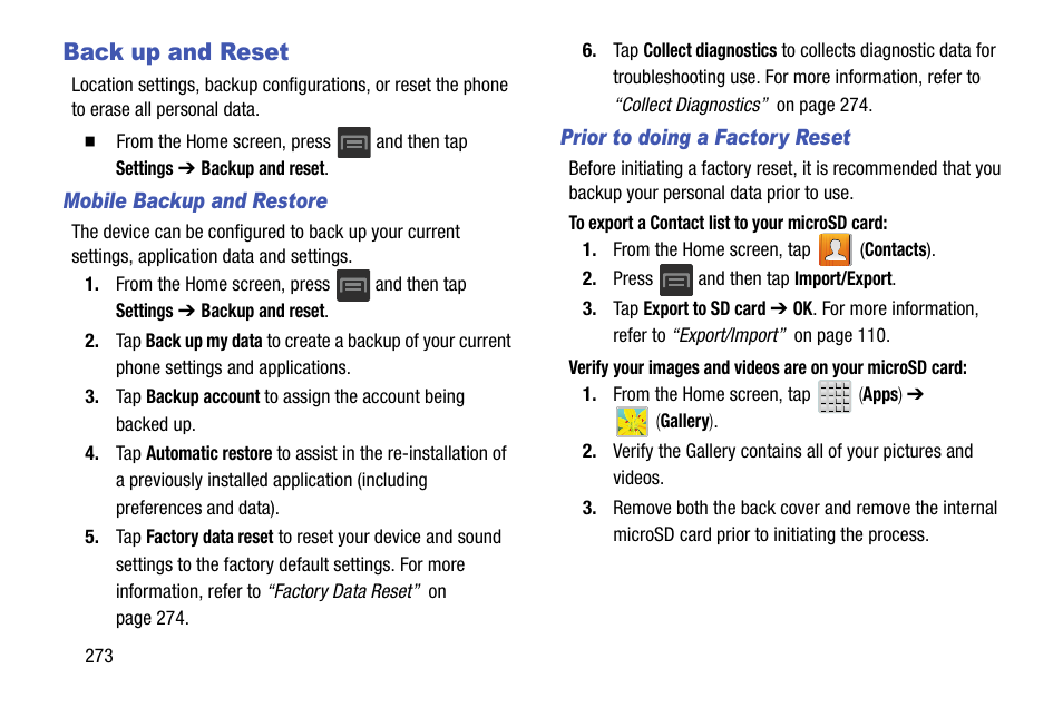 Back up and reset | Samsung SGH-T599DAATMB User Manual | Page 278 / 340