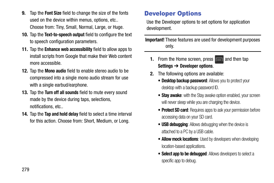 Developer options | Samsung SGH-T599DAATMB User Manual | Page 284 / 340