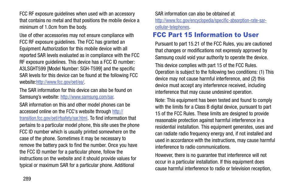 Fcc part 15 information to user | Samsung SGH-T599DAATMB User Manual | Page 294 / 340