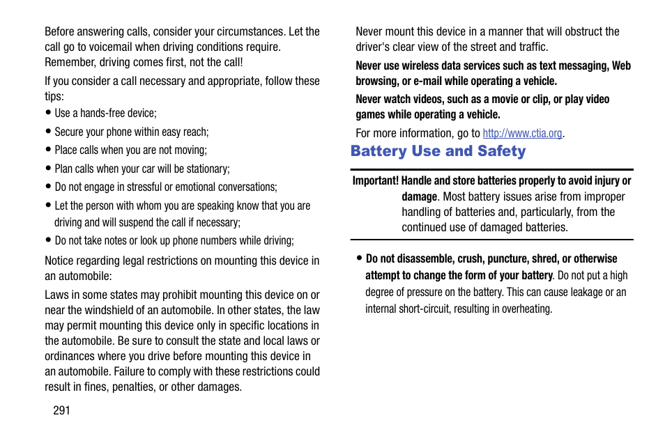 Battery use and safety | Samsung SGH-T599DAATMB User Manual | Page 296 / 340