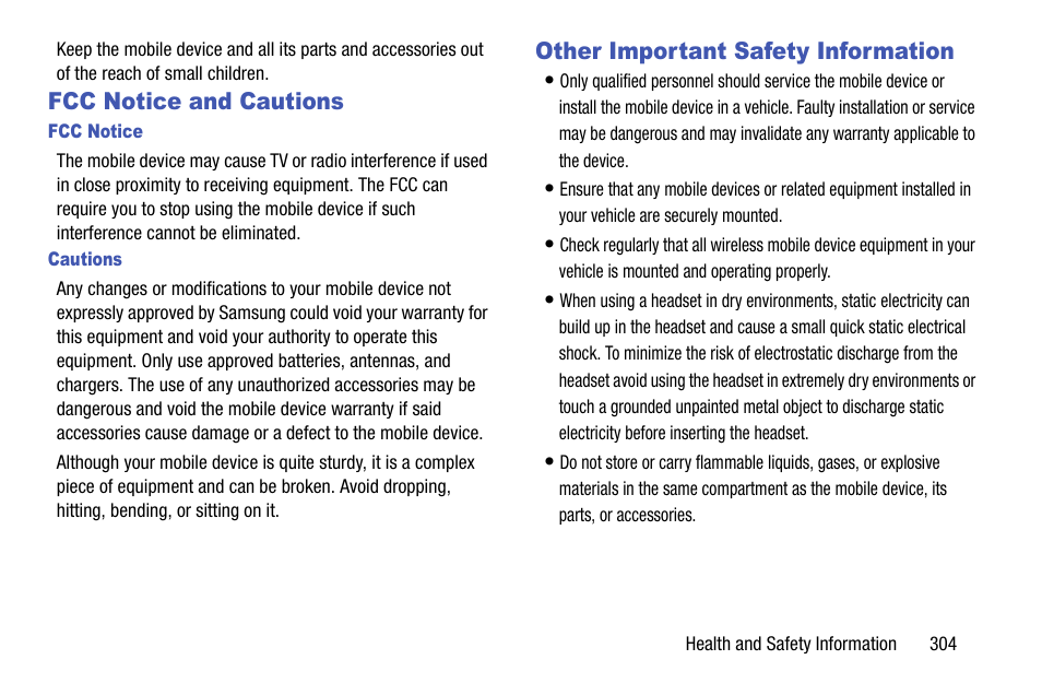 Fcc notice and cautions, Other important safety information | Samsung SGH-T599DAATMB User Manual | Page 309 / 340