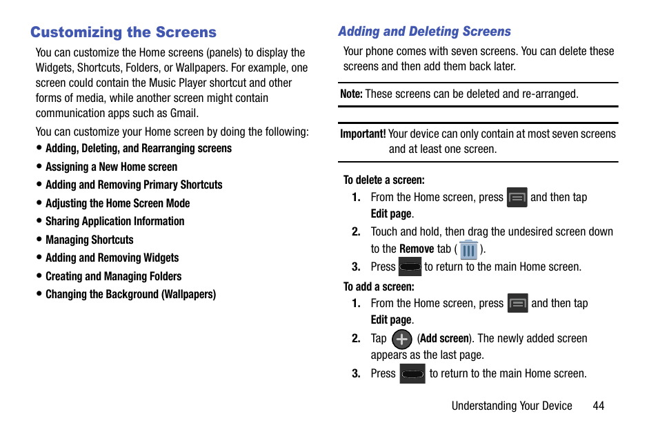 Customizing the screens | Samsung SGH-T599DAATMB User Manual | Page 49 / 340