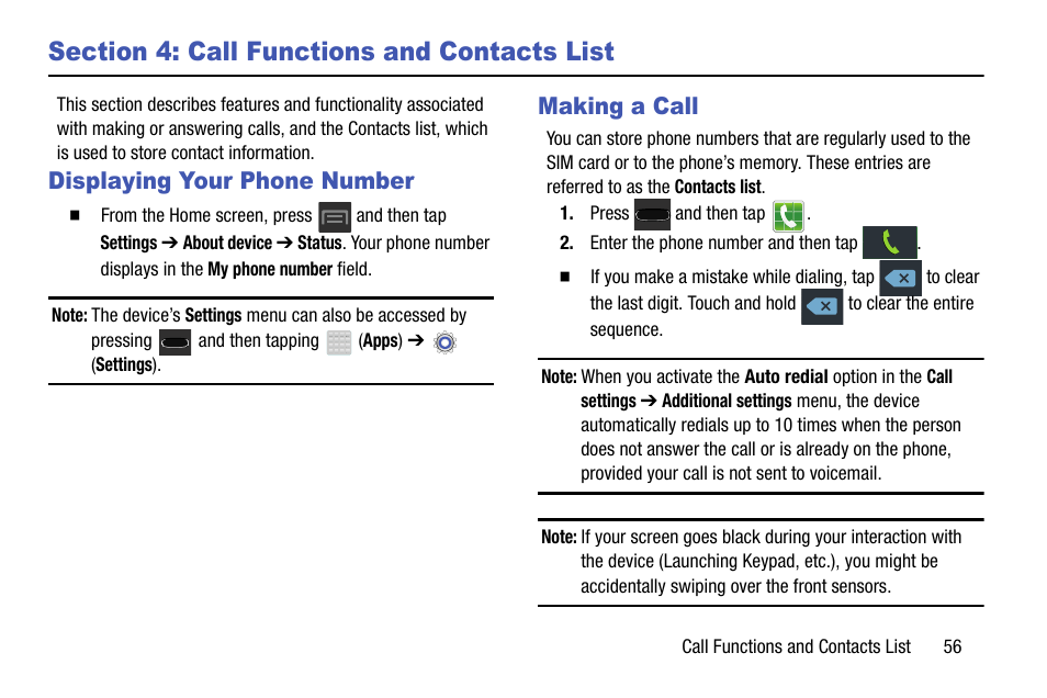 Section 4: call functions and contacts list, Displaying your phone number, Making a call | Displaying your phone number making a call | Samsung SGH-T599DAATMB User Manual | Page 61 / 340