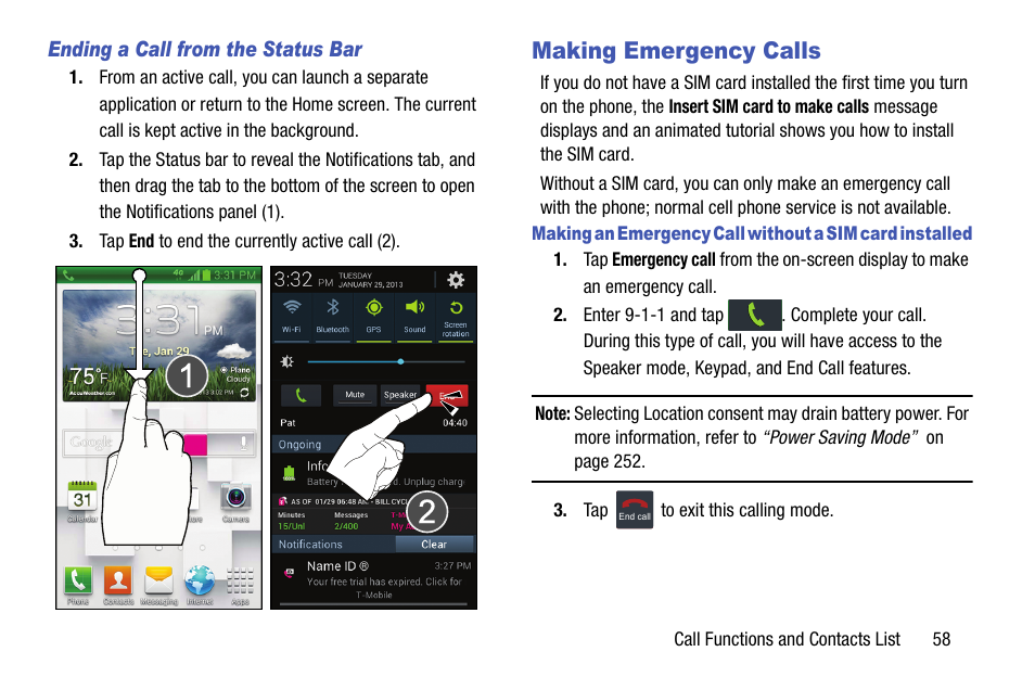 Making emergency calls | Samsung SGH-T599DAATMB User Manual | Page 63 / 340