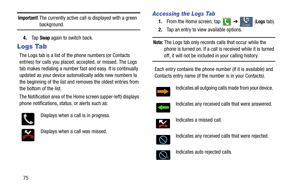 Logs tab | Samsung SGH-T599DAATMB User Manual | Page 80 / 340