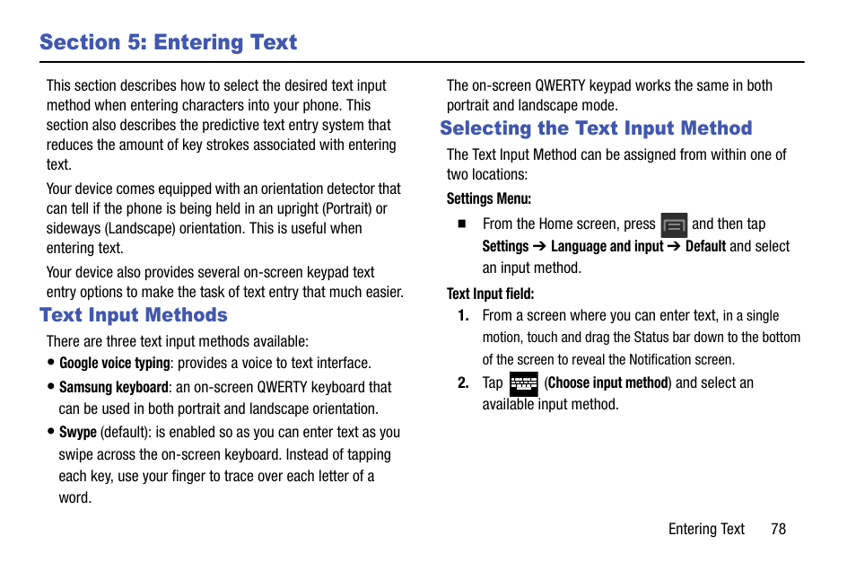 Section 5: entering text, Text input methods, Selecting the text input method | Text input methods selecting the text input method | Samsung SGH-T599DAATMB User Manual | Page 83 / 340
