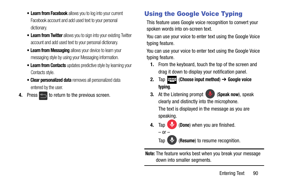 Using the google voice typing | Samsung SGH-T599DAATMB User Manual | Page 95 / 340