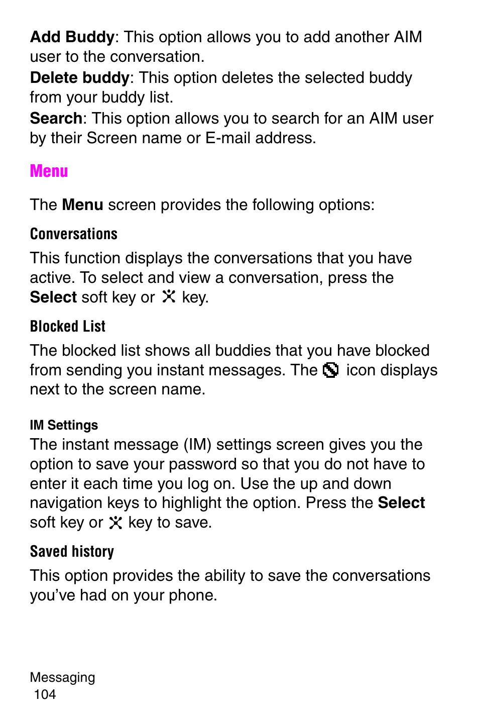 Conversations, Blocked list, Saved history | Samsung SGH-C207CSACIN User Manual | Page 105 / 219