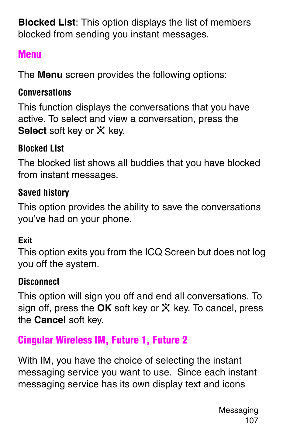 Conversations, Blocked list, Saved history | Disconnect | Samsung SGH-C207CSACIN User Manual | Page 108 / 219