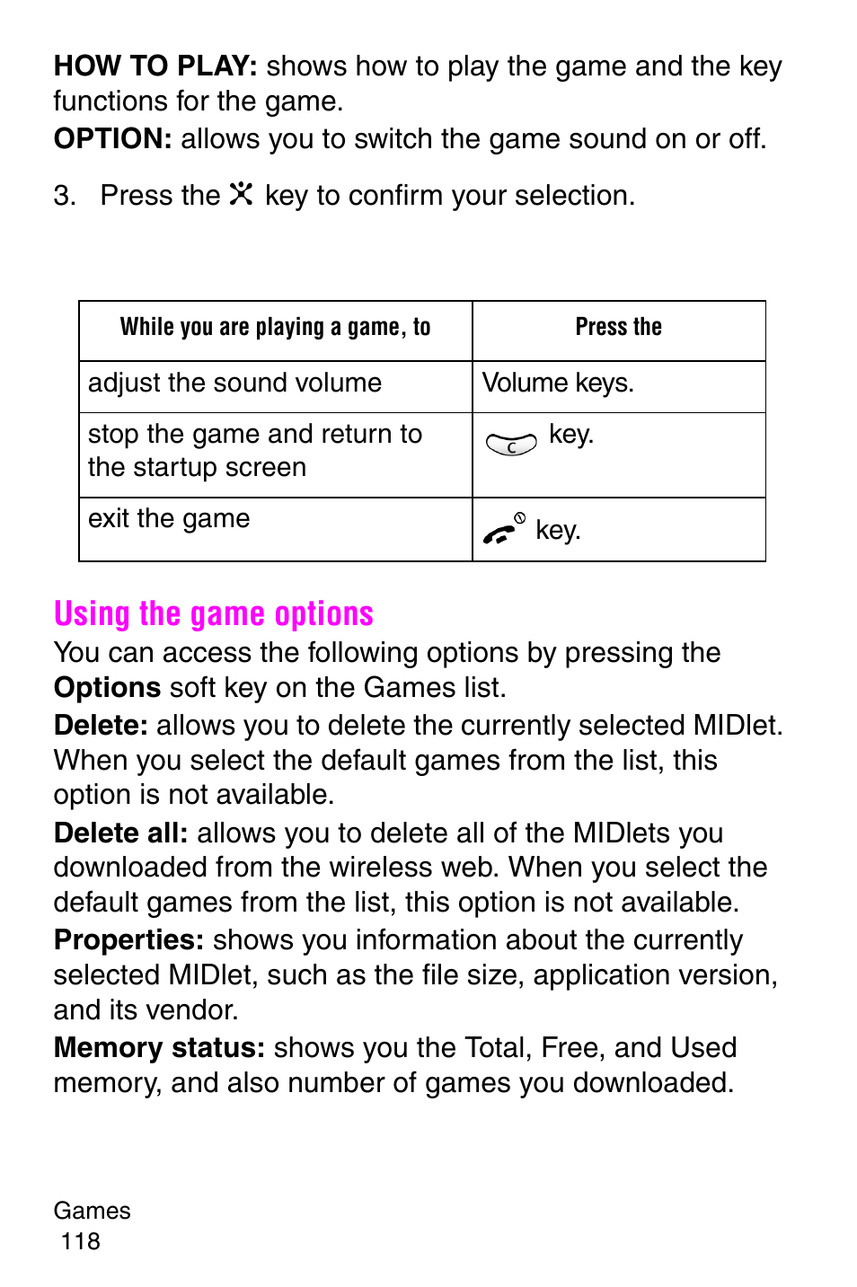 Press the key to confirm your selection, Using the game options | Samsung SGH-C207CSACIN User Manual | Page 119 / 219