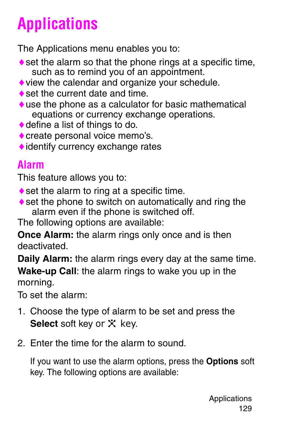 Applications, Alarm, Enter the time for the alarm to sound | Samsung SGH-C207CSACIN User Manual | Page 130 / 219