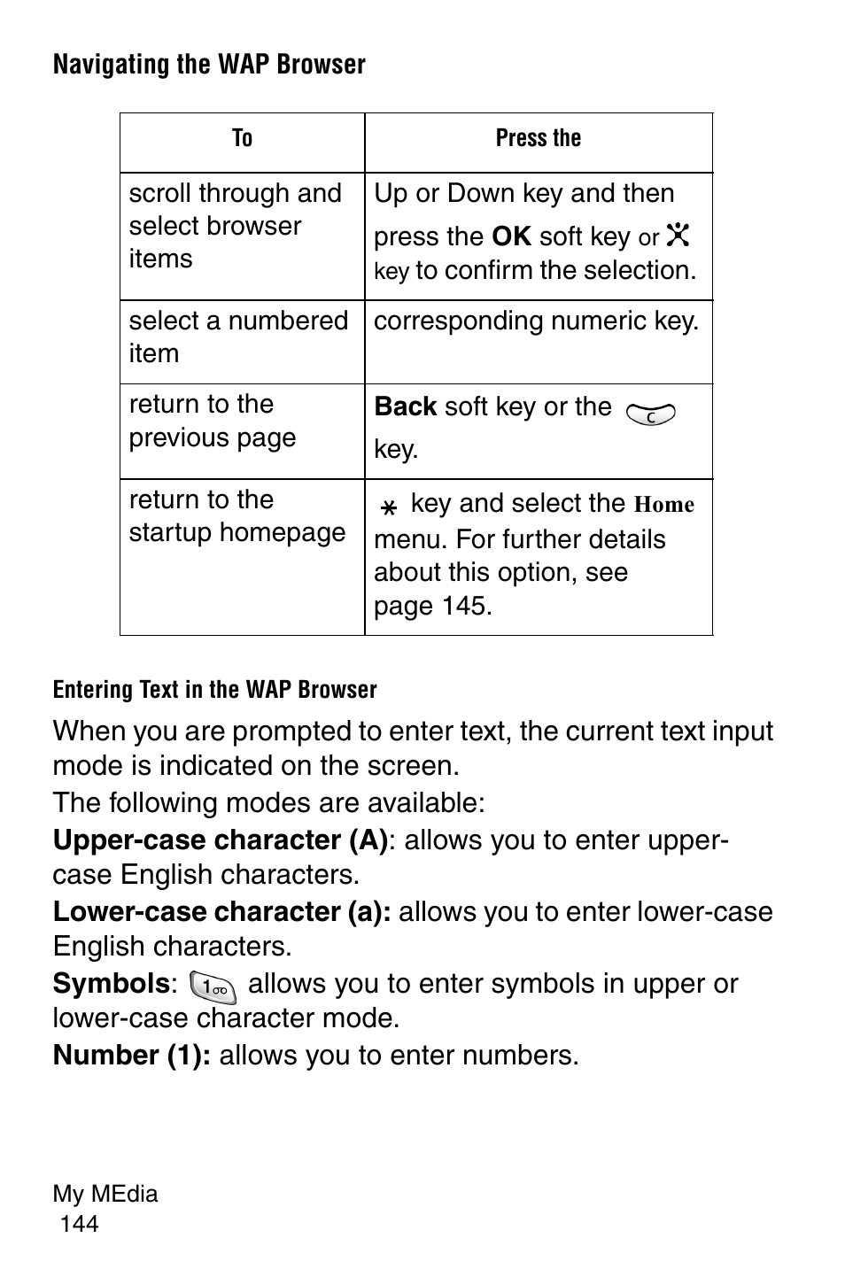 Navigating the wap browser, Entering text in the wap browser | Samsung SGH-C207CSACIN User Manual | Page 145 / 219