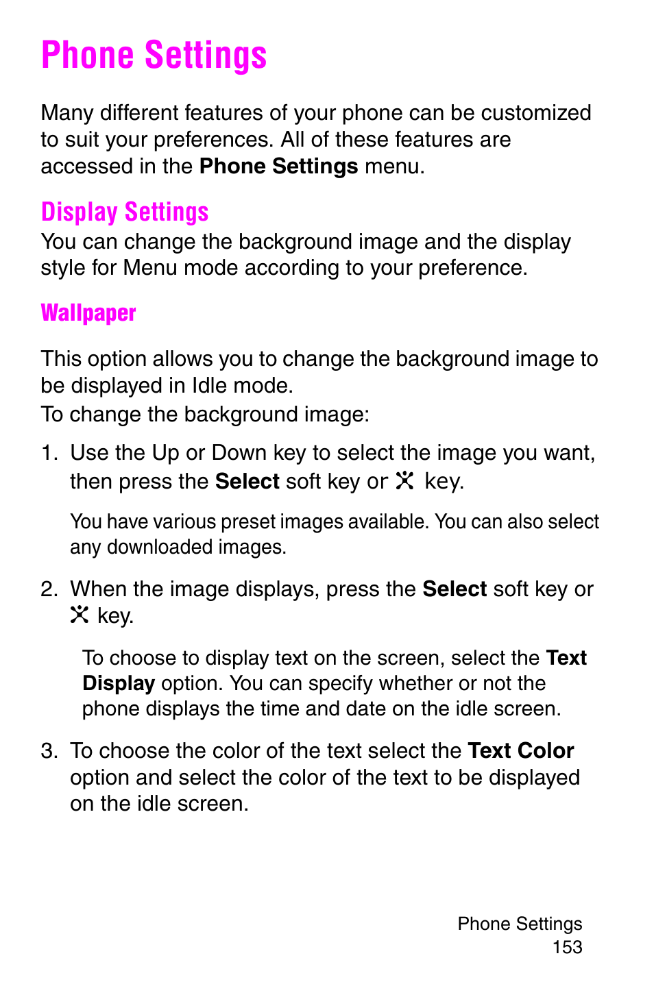 Phone settings, Display settings | Samsung SGH-C207CSACIN User Manual | Page 154 / 219