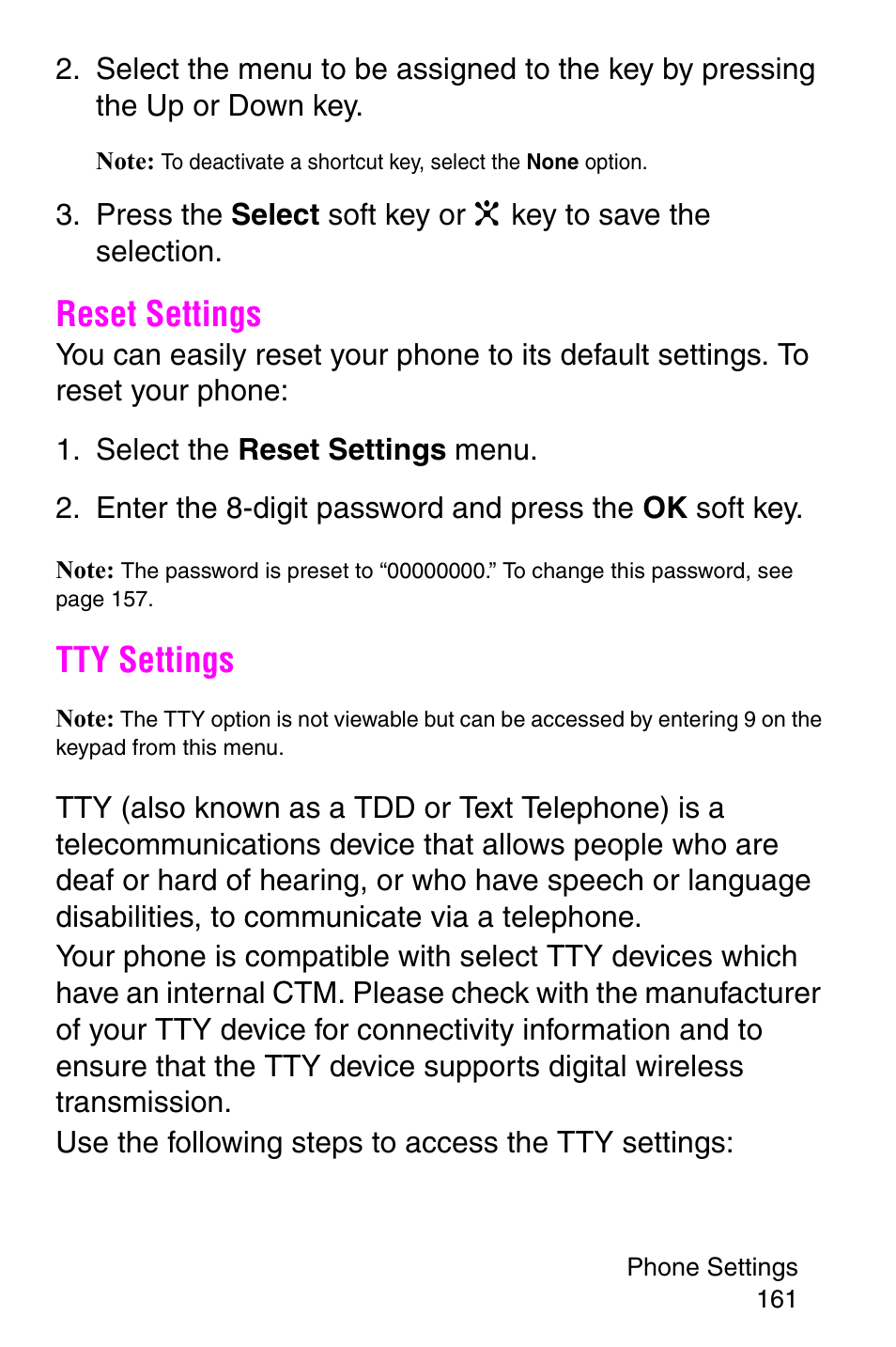 Reset settings, Select the reset settings menu, Tty settings | Reset settings tty settings | Samsung SGH-C207CSACIN User Manual | Page 162 / 219