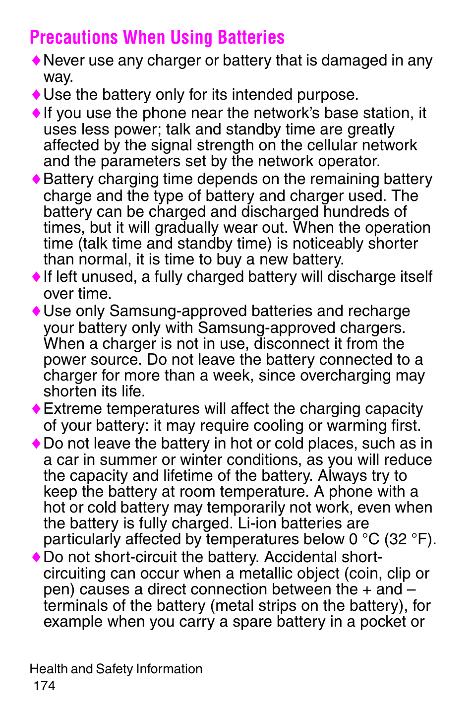 Precautions when using batteries | Samsung SGH-C207CSACIN User Manual | Page 175 / 219