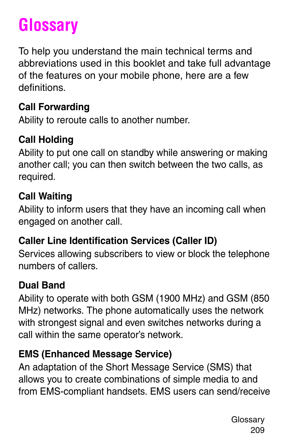 Glossary | Samsung SGH-C207CSACIN User Manual | Page 210 / 219