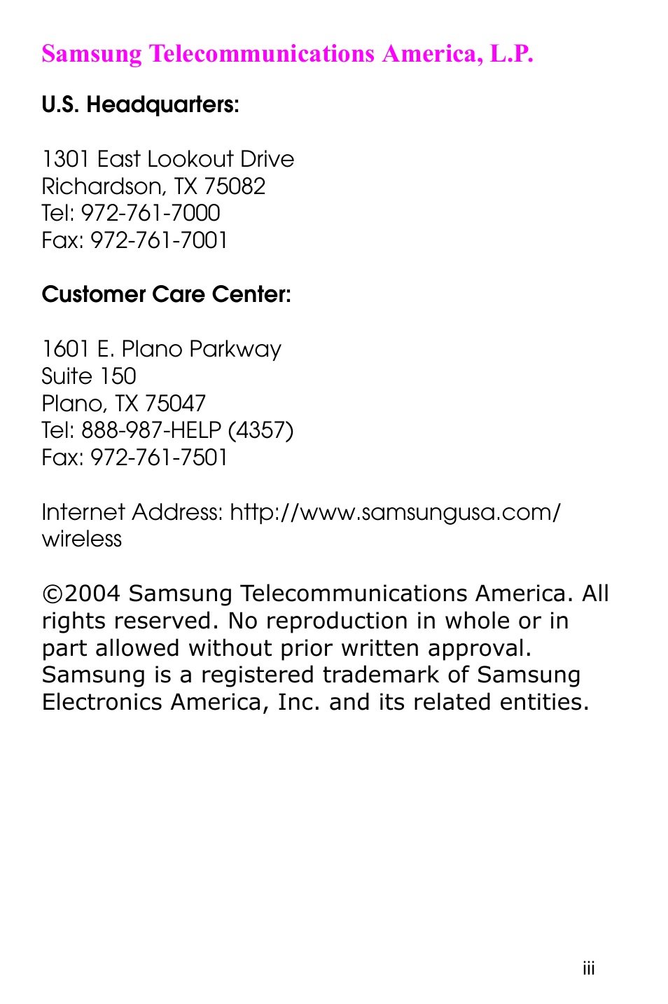 Samsung telecommunications america, l.p | Samsung SGH-C207CSACIN User Manual | Page 4 / 219