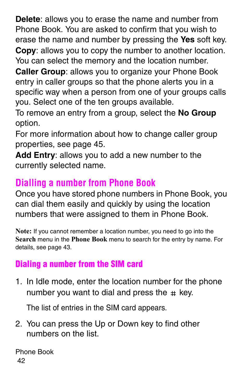 Dialling a number from phone book, Dialing a number from the sim card | Samsung SGH-C207CSACIN User Manual | Page 43 / 219