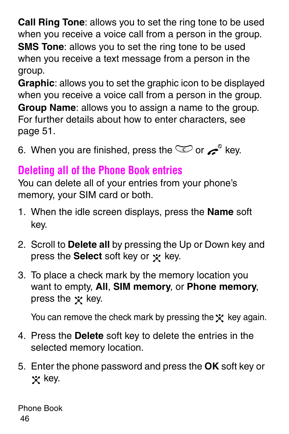 When you are finished, press the or key, Deleting all of the phone book entries | Samsung SGH-C207CSACIN User Manual | Page 47 / 219