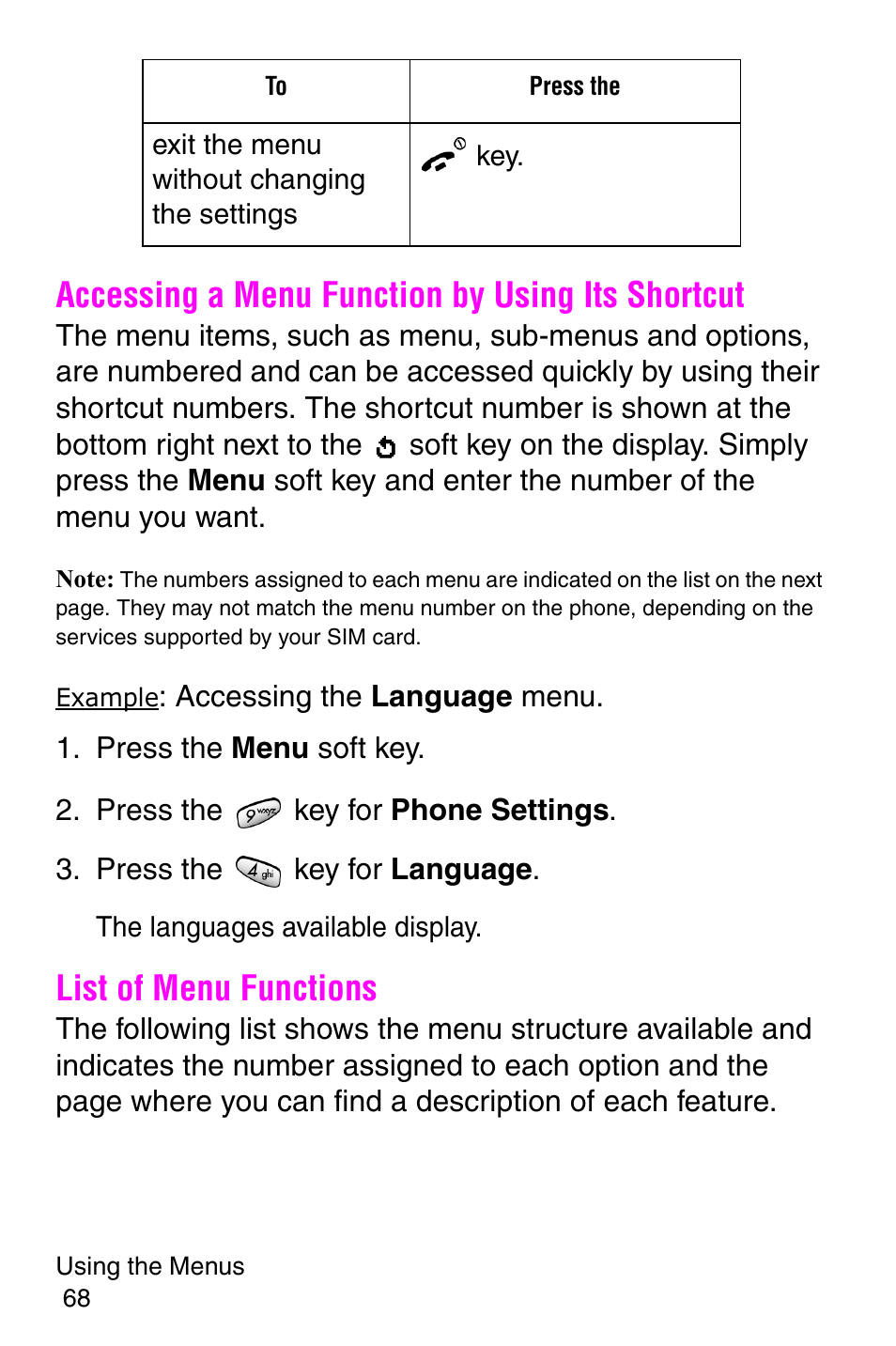 Accessing a menu function by using its shortcut, Press the menu soft key, Press the key for phone settings | Press the key for language, List of menu functions | Samsung SGH-C207CSACIN User Manual | Page 69 / 219