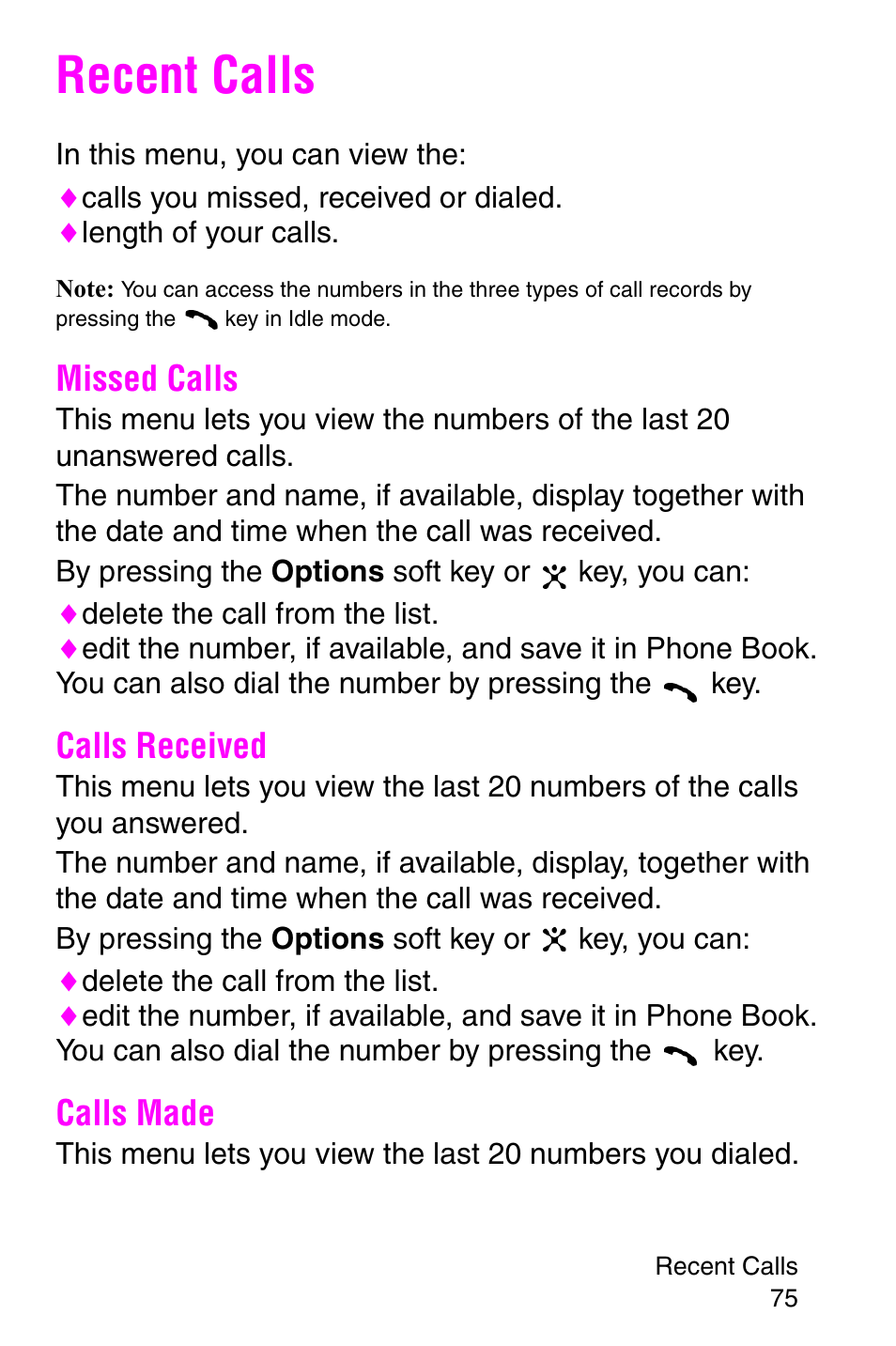 Recent calls, Missed calls, Calls received | Calls made, Missed calls calls received calls made | Samsung SGH-C207CSACIN User Manual | Page 76 / 219